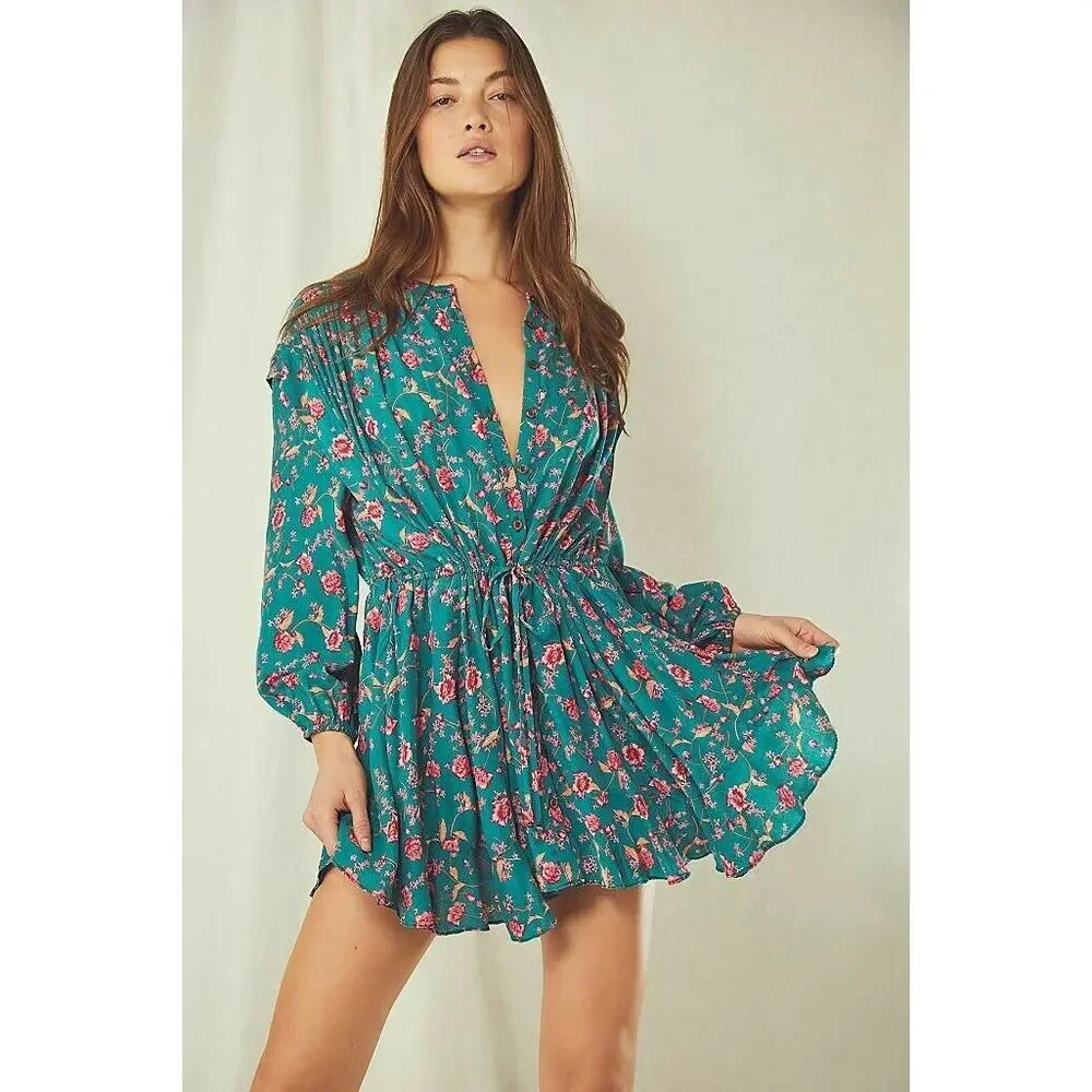 Free People Flower Fields Emerald Green Pink Floral Print Button Up Mini Dress S